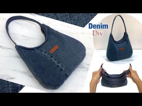 sewing diy a denim shoulder bag with zipper tutorial, how to sew shoulder bag with zipper tutorial. - YouTube Handbag From Old Jeans, Old Jeans Purse, Denim Reuse Ideas, Jeans Diy Bags Ideas, Denim Purse Patterns Free, Reuse Of Old Jeans, How To Make A Jeans Bag, Bags Tutorial Pattern, Simple Bag Design