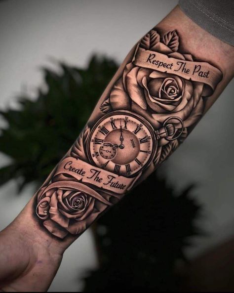 Clock Tattoo Ideas Men, Best Men’s Tattoo Sleeves, Mens Tattoos Thigh, Clock And Rose Tattoo Design For Men, Right Arm Tattoo Men, Man Sleeve Tattoo, Sleave Ideas Men, Men Tattoo Ideas Sleeve, Men Sleeve Tattoos