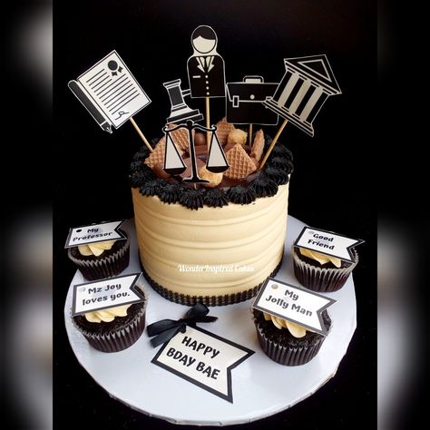 For her Lover, a Lawyer. Black and white buttercream cake, with two cupcakes on either side of the board. 
Cake combines some details of the celebrant's profession, Law, and his personal life with his Love.
I'm fond of this cake and I call it "For Her Learned Bae". Cake For Lawyer Birthday, Lawyer Birthday Cake Ideas, Law Theme Cake, Cake For Lawyer, Law Cake Ideas, Black And White Buttercream Cake, White Buttercream Cake, Lawyer Cake, Two Cupcakes