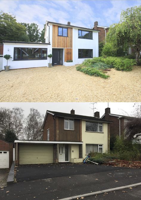 Facelift and full refurb of 1960’s detached house in Southampton. Garage conversion, full render, new windows in RAL7016, cladded in red cedar. 1970s House Remodel, 1970s House Renovation, 1960s House Renovation, Rendered Houses, 60s House, 1970s House, Exterior House Renovation, 1960s House, 70s House