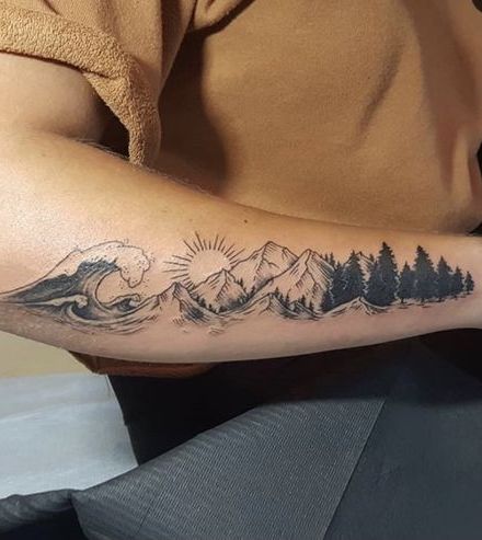 Inked Nature: Best Mountain Tattoo Ideas for Everyone — InkMatch Mountain Ocean Forest Tattoo, California Sleeve Tattoo Ideas, Mountain Half Sleeve Tattoo, Mountain Theme Tattoo, Mountain To Sea Tattoo, Pacific Northwest Tattoo Ideas, Mountain Leg Tattoo, Nature Tattoo Women, Mountain And River Tattoo