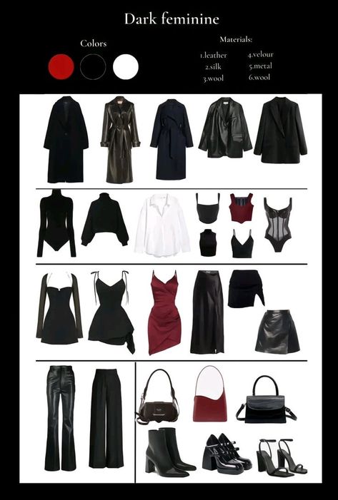 Scorpio Capsule Wardrobe, Dark Luxe Aesthetic Outfit, Old Money Gothic Outfits, Dress Like A Scorpio, Dark Femine Outfits Summer, Dark Romance Aesthetic Outfits, Dark Feminine Aesthetic Clothes, Dark Feminine Outfit Ideas, Dark Femme Fatale Outfits