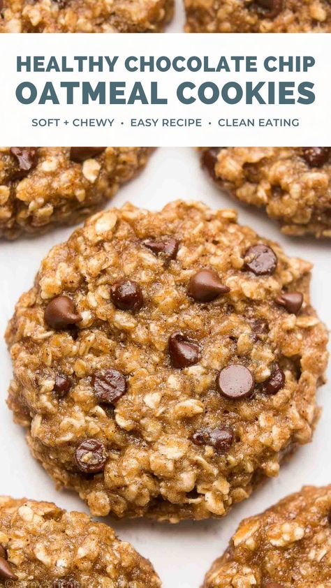 Easy Healthy Oatmeal, Healthy Oatmeal Chocolate Chip Cookies, Oatmeal Chocolate Chip Cookies Recipe, Chocolate Chip Oatmeal Cookies Healthy, Chewy Chocolate Chip Cookies Recipe, Oatmeal Chocolate Chip Cookie Recipe, Chocolate Chip Oatmeal Cookies, Easy Clean Eating Recipes, Healthy Chocolate Chip Cookies