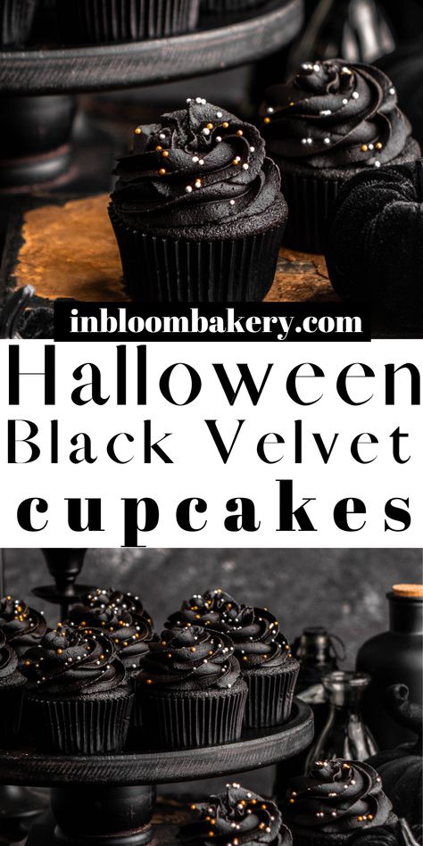 These are the best black velvet cupcakes! They're super moist and chocolatey and topped with a decadent black cocoa buttercream. They have a rich black color that makes these perfect for Halloween parties and all of spooky season!