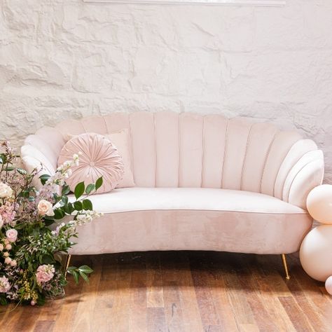 Party Photo Decorations, Pink Couch, White Lounge, Velvet Ottoman, Event Signage, Couch Chair, Bridal Party Photos, White Chair, Pink Bridal