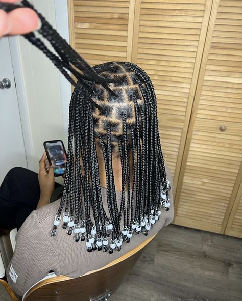 Box Braids With Curly Ends And Beads, Black Hair Hairstyles Braids, Hairstyles With Braiding Hair For Black Women, Short Braids For School, Beads Hairstyles Black Women, Hairstyles For School Black Girls Braids, Plaits Box Braids Natural Hair, Braided Hairstyles For Black Women Beads, Short Braids For Black Women With Beads