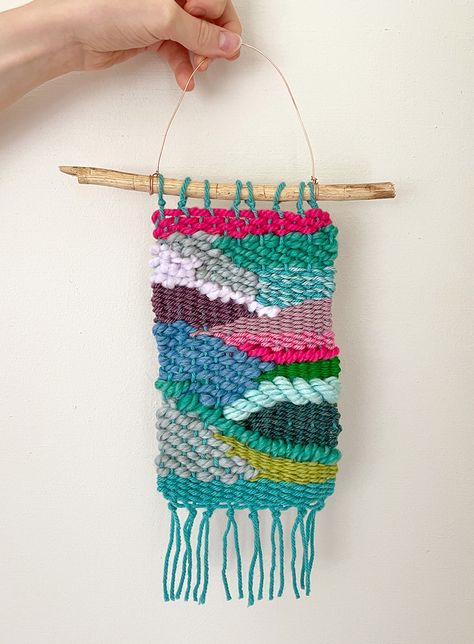 Finished doodle weaving on a stick Doodle Weaving, Weaving For Kids, Weaving Loom Diy, Weaving Loom Projects, Fabric Banner, Thick Yarn, Weaving Projects, Camping Art, Rainbow Kids