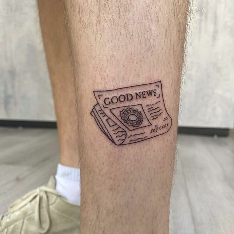 Mac Miller Leg Tattoo, Mac Miller Tattoos Good News, Journalism Tattoo Ideas, Journalist Tattoo, Good News Tattoo Mac Miller, Coin Tattoo Ideas, Newspaper Tattoo Ideas, News Paper Tattoo, Mac Miller Divine Feminine Tattoo