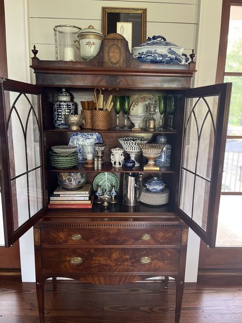 Decorating China Cabinet, Vintage China Cabinet Display, Secretary Desk In Dining Room, Styling A Secretary Desk, How To Decorate Top Of China Cabinet, Styling China Cabinet, China Cabinet Decorating Ideas, Curio Cabinet Decor Ideas Display, Vintage China Cabinet