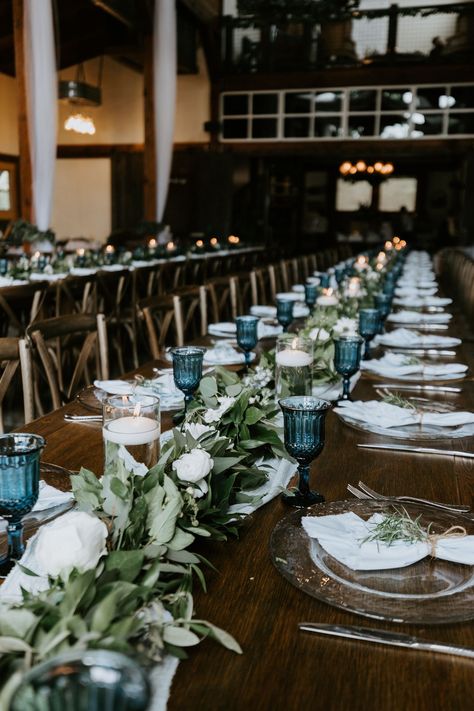 Navy Green Brown Wedding, Blue And Green Boho Wedding, Blue Woodsy Wedding, Midnight Blue And Emerald Green Wedding, Dark Blue Green Wedding Colors, Dark Blue Dark Green Wedding, Wedding Decor Blue And Green, Blue And Green Wedding Table Settings, Wedding Blue And Green Theme