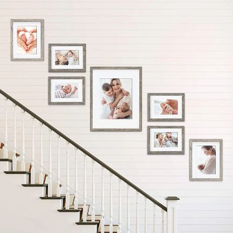 Picture Frames On The Stair Wall, Stairway Decorating Pictures Family Wall Upstairs Hallway, Gallery Stairs Wall, Engagement Picture Wall Decor, Small Staircase Gallery Wall, Frames Going Up Stairs, Stairwell Picture Display, School Picture Gallery Wall, Photos Up The Stairs