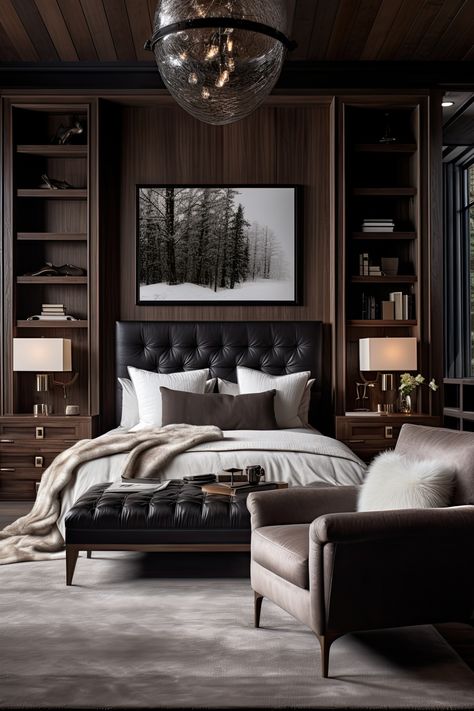 Classic Masculine Bedroom, Restoration Hardware Bedroom Ideas, Royal Bedroom Modern, Moody Master Suite, Dark Masculine Bedroom, Dark Elegant Bedroom, Masculine Glam, Modern Masculine Bedroom, Indochine Bedroom