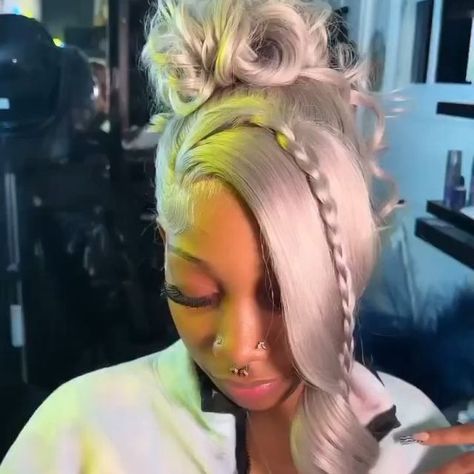 Fleeky 100% human hair on Instagram: "This cute aff 🔥😍😍 Love the pinup😍 Follow @fleekyhaircompany for more hair styles! visit website:https://www.fleekyhair.com ❤️niannasimonee x withnlove🔥 #updo #pinup #greyhair #orangehair #blondewig #613hair #atlbraids #atlantahairstylist #hdlacewig #hairinspo #lacefrontalsewin #naturalsewin #quickweave #closuresewin #lacefrontalwig #laceclosuresewin #atlweaves #atlfrontals #hairstylist #lacewigs #atlantaweaves #lacefrontalsewin #wigtutorial #closureinstall #frontalinstall #wiginstall #blackgirlmagic #blackgirl #blackgirls #haircolour" Prom Wig Styles, Grey Blonde Wig, Prom 2k24, Bday Hair, Prom Styles, Sew In Wig, Grey Blonde, High Ponytail Hairstyles, Lace Fronts