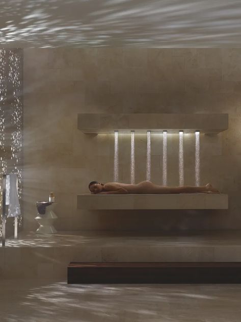 Dornbracht HORIZONTAL SHOWER: Unique Hydrotherapy Massage Bed | Dornbracht Amazing Showers, Dream Shower, Spa Interior, Massage Bed, Spa Decor, Luxury Shower, Spa Design, Spa Room, Massage Room