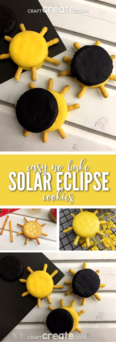 Our easy no bake eclipse cookies are the perfect snacks to make for before you view the solar eclipse. via @CraftCreatCook1 Solar Eclipse Oreo Cookies, Solar Eclipse Meal Ideas, Solar Eclipse Lunch Ideas, Eclipse Themed Desserts, Eclipse Snack Bags, Solar Eclipse Decorated Cookies, Solar Eclipse Food, Solar Eclipse Snacks, Solar Eclipse Cookies