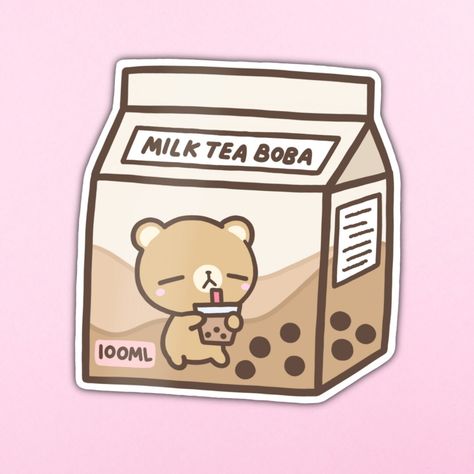 Mr. Bear Milk Tea Boba Carton Sticker Have you ever seen milk tea boba in a carton? Well look no more cause here's one with Mr. Bear as a face of the design! Although you can't taste it, how fun is it to admire? Mr. Bear is a Kawaii Flavor original character. ✨ Laminated glossy finish 💧 Water resistant 👌 Easy peel backing 📏 Measures about 2 inches This cute sticker is perfect to put on your laptop case, hydroflask/waterbottle, phone case, or to use as decoration for your notebook and journaling. *For best results, apply the sticker on a clean, dry surface. All orders are processed within 1-3 business days and shipped via USPS. Easy Boba Drawings, Milk Carton Sticker, Boba Asthetic Picture, Boba Stickers Aesthetic, Cute Sticker Ideas Easy, Boba Tea Logo, Dumbo Wallpaper, Boba Tea Stickers, Cute Milk Carton