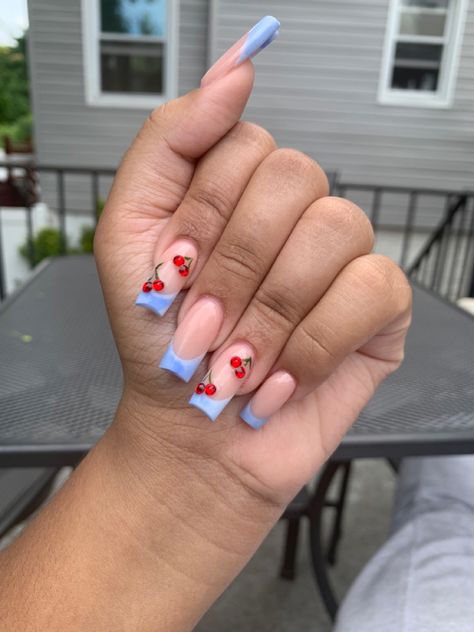 Summer Nails 2023 Cherry, Summer Nails 2023 Blue, Blue French Cherry Nails, Blue French Tip Cherry Nails, Blue Cherry Nails, Blue Nails With Cherries, Cherry Acrylic Nails, Coffin Cherry Nails, Cherry Nails Acrylic