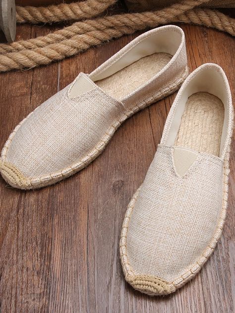 Men Beige Minimalist Canvas Espadrille Loafers. Vintage Jute Flat For Daily | SHEIN USA Flat Shoes Men, Espadrilles Men, Mens Leather Loafers, Mens Summer Shoes, Comfortable Loafers, Casual Slip On Shoes, Comfortable Walking Shoes, Slip On Espadrilles, Elegante Casual