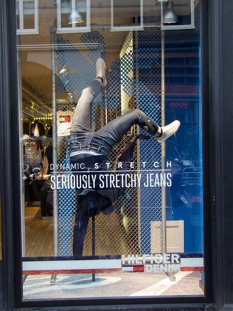 HILFIGER DENIM, Amsterdam, The Netherlands, "I'm so happy right now, and I don't know what to do with myself", photo by Beekwilder, pinned by Ton van der Veer Denim Window Display, Denim Display, Clothing Store Interior, Clothing Store Design, Store Design Boutique, Visual Merchandising Displays, Window Display Design, Retail Windows, Boutique Decor