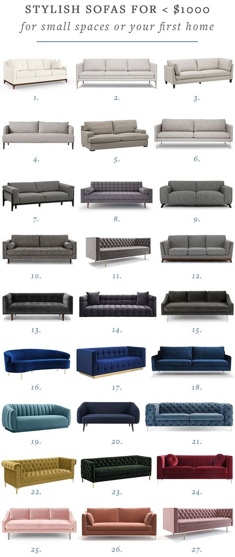 Stylish modern comfortable sofas for under $1000 for small spaces (or your first home). #smallspaces #shopping #homedecor #interiors #interiordesign #firsthome #couch #sofa #affordabledecor #under1000 Small Bedroom Sofa, Små Rum Lidt Plads, Living Room Design Small Spaces, Latest Sofa Designs, Luxury Sofa Design, تصميم داخلي فاخر, Modern Sofa Living Room, Desain Furnitur Modern, Sofas For Small Spaces