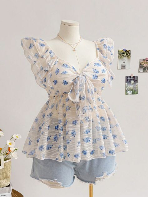 Multi-Color Textured Blue Floral Pleated Cap Sleeve Butterfly Tie Waist A-Line Plus Size Shirt, Romantic Casual Vacation Curve Blouse Multicolor Casual  Short Sleeve Woven Fabric Plants Peplum Non-Stretch  Women Plus Clothing, size features are:Bust: ,Length: ,Sleeve Length: Cute T Shirts For Women Casual, Romantic Fashion Style Casual, Cute Top Ideas, Clothing For Short Women, Cute Floral Outfits, Cute Short Outfits, Floral Outfit Ideas, Flat Chested Fashion, Butterfly Clothing