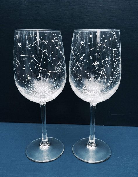 Starry Night Wine Glasses |  #ballousky #birthsign #constellation #nightsky #romantic #star #starrynight #wineglasses #zodiac | Starry Night Prom Gifts, Astronomy Wedding, Celestial Wedding Theme, Galaxy Wedding, Starry Night Wedding, Beautiful Glasses, Night Sky Painting, Star Constellation, Celestial Wedding