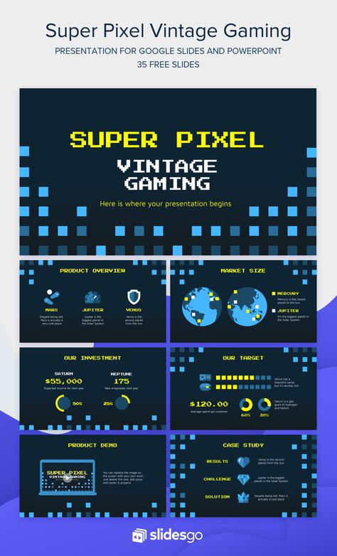 Give your pitch deck some old-school gaming vibes with this cool theme for Google Slides and PowerPoint, totally customizable Game Controller Art, Pitch Presentation, Keynote Design, Game Font, Powerpoint Tutorial, Powerpoint Slide Designs, Infographic Poster, Powerpoint Presentation Design, Pixel Design