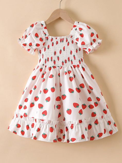 [Promotion] White Cute Collar Short Sleeve Polyester FruitAndVegetable,All Over Print A Line Embellished Non-Stretch Summer Toddler Girls Clothing #babygirlclothing Strawberry Outfit, Projek Menjahit, Girls Closet, Shein Kids, Toddler Girl Summer, Strawberry Dress, Strawberry Print, Girls Summer Outfits, Ruffle Hem Dress