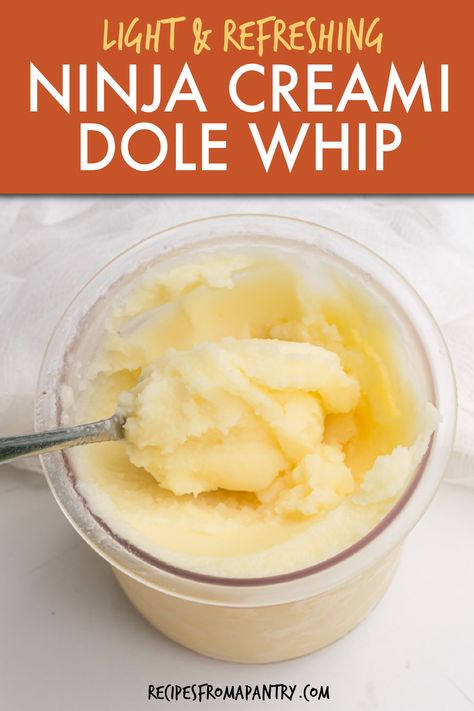 It's quick and easy to make this Ninja Creami dole whip at home with just 3 ingredients and minimal prep time. This iconic Dole Whip dessert is a light and refreshing, tropical-flavored soft serve ice cream - no having to stand in long lines. Ninja Creami Ice cream - Pineapple Dole Whip is great for summer barbecues, pool parties, 4th of July party, or whenever you need a flavorful frozen treat. Click through to get this awesome Ninja Creami Dole Whip Recipe!! #ninjacreami #dole #Disney #recipe Dole Whip Disney Recipe, Pineapple Dole Whip, Dole Recipes, Ninja Ice Cream Recipe, Dole Whip Recipe, Easy Potluck, Vegetarian Slow Cooker Recipes, Graduation Food, Creami Recipes