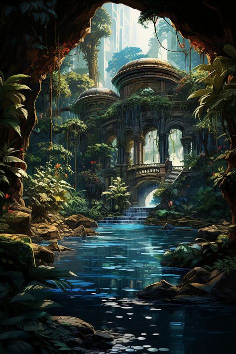 Water Land Fantasy Art, Water Temple Fantasy Art, Magical Island Art, Waterfall Cave Fantasy Art, Mysterious Island Aesthetic, Fantasy Water Aesthetic, Fantasy Landscape Water, Fantasy Waterfall Art, Water Village Fantasy Art