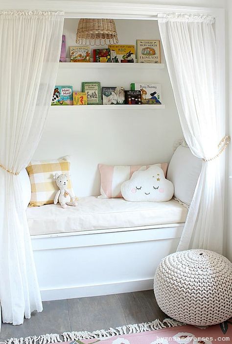 Girls Reading Nook, Closet Nook, Birthday Bedroom, Reading Nook Closet, Kids Bedroom Storage, Reading Nook Kids, Bed Nook, Bedroom Nook, Kid Bedroom