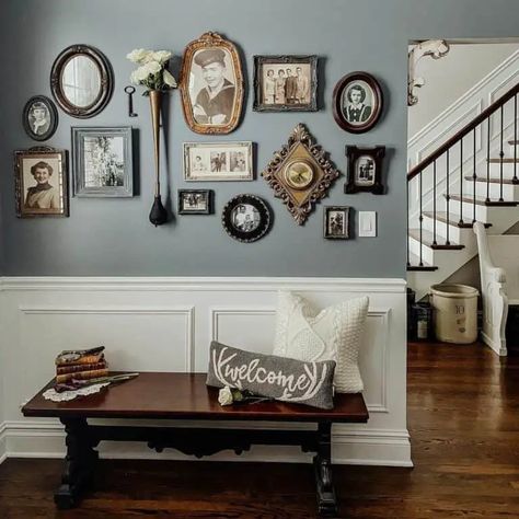 Ancestry Gallery Wall, Antique Farmhouse Living Room, Ancestry Wall, Family Photo Gallery Wall, Traditional Farmhouse Decor, Antique Farmhouse Decor, Winter Greens, Picture Gallery Wall, English Decor