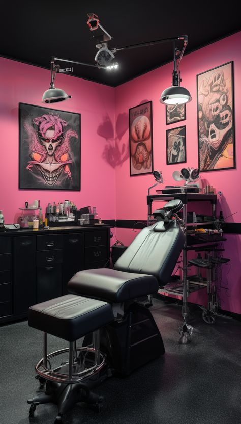 Piercing Room Decor, Pmu Room Decor, Tattoo Room Ideas, Piercing Room, Pink Tattoo Studio, Tattoo Shop Interior, Tattoo Shop Decor, Tattoo Studio Interior, Moody Interior Design