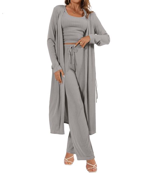 PRICES MAY VARY. 3 piece lounge set： This 3-piece pajamas for women includes a tank top, drawstring pants with pockets, and a long cardigan jacket. Features: Women's 3-piece home suit, casual pleated vest and long cardigan coat show off your figure perfectly. Women's loose-fitting high-waisted pants come with an elastic belt and drawstring for comfortable adjustment. Women's loungewear ensures that everything complements each other perfectly. Style: Women's 3-piece set for women to go out to cre Wide Leg Loungewear, Nice Pjs For Women, Nice Pajamas For Women, 3 Piece Lounge Set Outfit, Maternity Lounge Set, Womens Pajama Set, Lounge Wear For Women, Women’s Loungewear, Cute Comfy Pajamas