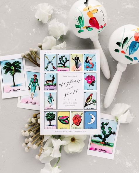 JP Stationery on Instagram: “Our Maria Suite Loteria Save the Dates set the tone for Meghan & Scott’s Santa Barbra Wedding 👰🏼🤵🏻 📸 @annadelores  Planning + Coordination:…” Loteria Wedding Theme, Mexican Save The Date Ideas, Mexican Wedding Save The Date, Save The Date Mexican Theme, Mexican Save The Date, Wedding Loteria, Loteria Wedding, Mexican Loteria, Mexican Themed Weddings