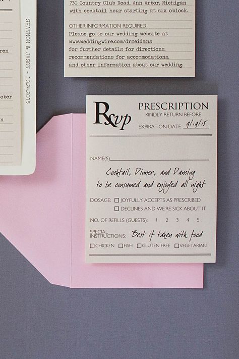 Medical themed wedding invitations are necessary when two doctors get married. If you know a doctor getting married, these doctor themed invitations are a must. The invitations were sent in a medical file folder and everything was paper clipped inside. The response card was a prescription and reception card was a diagnosis form! Click to read about the invitations or pin for your own boards! Doctor Wedding Invitation, Nurse Wedding Ideas, Doctor Wedding Ideas, Medical Wedding Theme, Pharmacist Wedding, Pharmacy Wedding, Medical Wedding, Doctor Wedding, Whimsical Invitations