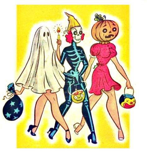 vintage Halloween, three women in Halloween costumes, ghost, skeleton, pumpkin head Vintage Drawings, Arte Pin Up, Vintage Halloween Art, Image Halloween, Vintage Inspired Art, Cd Art, Halloween Cake, Halloween Tags, Halloween Card