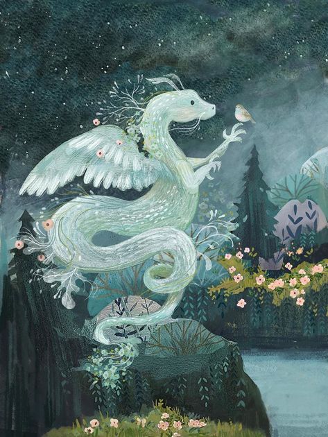 Art And Illustration, 동화 삽화, Illustration Mignonne, Peaceful Night, Creation Art, Out Of Time, White Dragon, Fairytale Art, Dragon Art