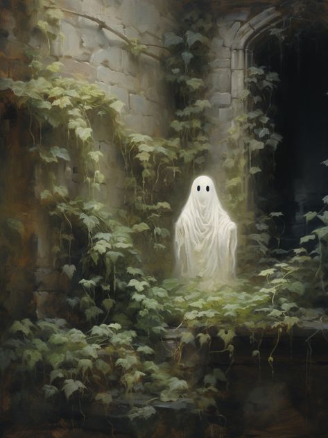 An oil painting of a cute ghost in an abandoned castle. Halloween Oil Painting, Castle Oil Painting, Cute Ghost Illustration, Cottagecore Artwork, Haunted Art, Ghost Artwork, Ghosts Art, Ghost Paintings, Victorian Ghost