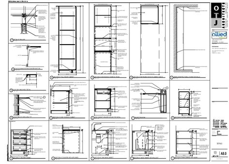 10  12  SECTION AT REFRIGERATOR WITH CABINET ABOVE  1 1/2" = 1'-0"  5  SECTION AT DRAWER CABINET  1 1/2" = 1'-0" 3 2 1SECTION AT... Cabinet Drawing, Kitchen Blueprints, Kitchen Cabinets Measurements, Drawer Section, Kitchen Joinery, Furniture Details Drawing, Details Furniture, Millwork Details, Residential Plumbing