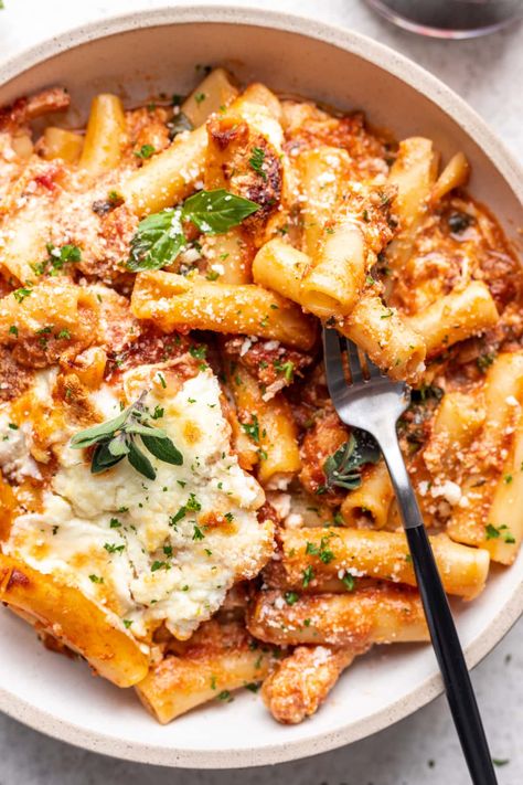 Baked Ziti With Chicken Sausage, Well Seasoned Studio, Pasta Italian Sausage Recipes, Baked Ziti With Sausage And Ricotta, Baked Ziti For 2, Dinners To Cook Together Romantic, Ricotta Baked Ziti, High Protein Baked Ziti, Baked Ricotta Pasta