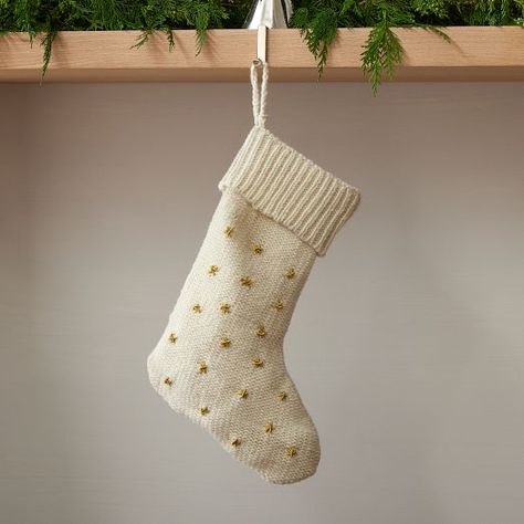 Knit Metallic Thread Starburst Christmas Stocking | West Elm West Elm Christmas, Modern Christmas Stocking, Reindeer Stocking Holder, Holiday Living Room, Knit Stocking, Christmas Knit, Elegant Christmas Decor, Neutral Christmas Decor, Felt Stocking