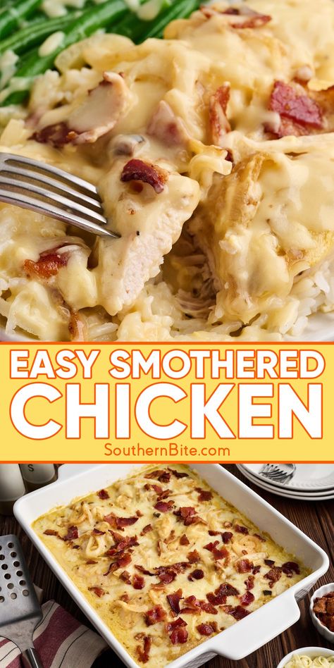 Savory Meat Recipes, Weeknight Chicken Dinner Easy, Quick And Easy Casseroles For Dinner, Smothered Chicken Oven, Comforting Chicken Recipes, Chicken Recipes For Dinner Casserole, Smothered Chicken In Oven, Smothered Chicken Breast Recipes, Fun Chicken Dinner Ideas