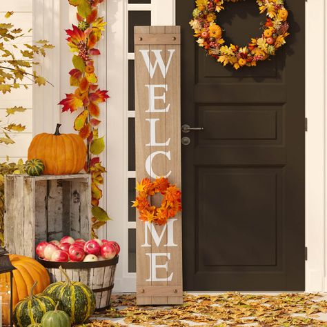 1. Let's inviting your friends with this rustic "WELCOME" floral porch sign. 2. Crafted with a premium wooden board with "WELCOME" and two natural slats decorated. 3. Eye-catching changeable four floral wreaths are included. It will accompany you with a full season of Fall Harvest, Christmas, Spring, and Patriotic. 4. Package includes 1 Welcome porch sign, 4 floral wreaths of winter jasmine, maple leaves, berry needles. Welcome Porch Sign, Winter Jasmine, Wooden Welcome Signs, Wooden Porch, Christmas Yard Decorations, Fall Front Porch Decor, Harvest Thanksgiving, Floral Wreaths, Fall Decorations Porch