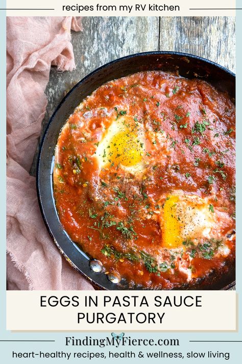 Perfect for camping or a quick meal at home, Eggs Poached in Pasta Sauce is my take on the Italian dish, eggs in purgatory (uova al Purgatorio) but with way less work and only 2 heart-healthy ingredients; a jar of healthy pasta sauce and eggs.  With a few optional add-ins, you can make the sauce mild or spicy and toss in a few chopped veggies for extra health benefits.   This recipe is DASH diet,  MIND diet and Mediterranean friendly. Egg Pasta Sauce, Healthy Pasta Sauce, Mediterranean Sauce, Eggs Poached, Eggs In Purgatory, Health Benefits Of Eggs, Chopped Veggies, Stuffed Peppers Healthy, Egg Benefits