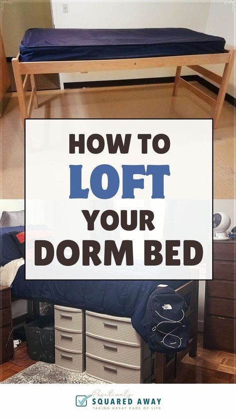 Learn how to fully loft your dorm bed. Perfect for college freshman moving into a dorm room. Get detailed instructions for how to loft a dorm bed and maximize your underbed storage. Dorm Room Arrangements, Boy College Dorms, Boys Loft Beds, Tacky Decor, Lofted Dorm Beds, Dorm Room Furniture, Boys Dorm Room, College Dorm Room Inspiration, Bed Height