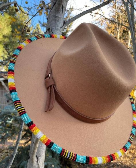 Dark beige beaded handmade fedora hats|summer hats|summer hats|brim hat with free shipping world wide by Delightmerchants on Etsy Beaded Brim Hat, Beaded Hat Brim Patterns, Beaded Hat Brim, Diy Hat Stand, Beaded Cowboy Hat, Hat Making Ideas, Fedora Hat Summer, Beaded Hats, Cosmic Cowboy