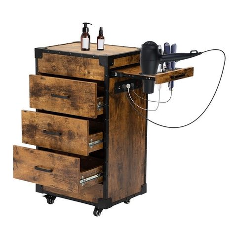 Multifunctional Beauty Salon Station with Wheels and 3 Drawers - Bed Bath & Beyond - 36718811 Rustic Salon Decor, Hair Tool Holder, Rustic Salon, Storage Cart With Drawers, Beauty Salon Stations, Salon Cart, Barber Shop Interior, Salon Trolley, Hair Salon Interior