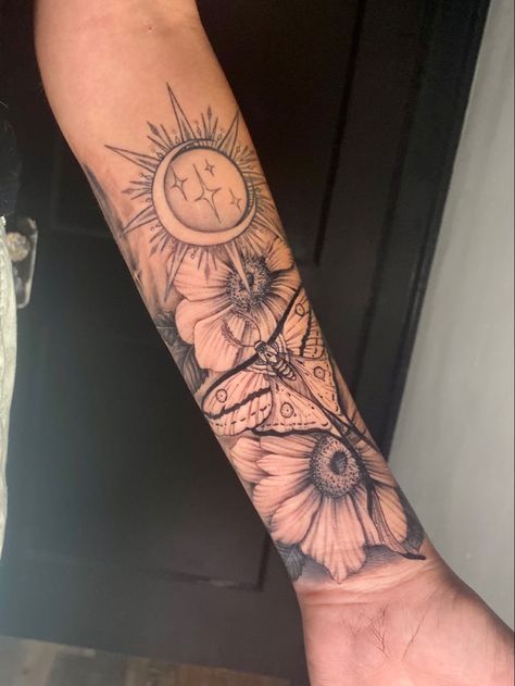 Moth Sleeve Tattoo Design, Sun Flower Sleeve Tattoo, Lunar Moth Sleeve Tattoo, Moon And Sun Sleeve Tattoo, Moth And Sun Tattoo, Sun Moon Half Sleeve Tattoo, Sun And Moon Forearm Tattoo Women, Sun And Moth Tattoo, Sun And Moon Sleeve Tattoos For Women