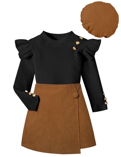 PRICES MAY VARY. 💝Girls Clothes Design:This stylish girls skirt set includes a black long-sleeve top with ruffled details and a round neckline, paired with a buttoned brown skirt and a matching brown beret. The top features buttoned sleeves, adding a touch of elegance and practicality. This ensemble is perfect for making your little princess look fashionable and adorable during the fall and winter seasons. 💝Girls Skirt Sets Material:The girls skirt sets are crafted from a blend of 95% cotton a Girls Fall Fashion 2024, Girls Size 10 Clothes, Brown Beret, Coffee Outfit, Girls Skirt, Brown Skirt, Kids Boutique Clothing, Skirt Short, Brown Skirts